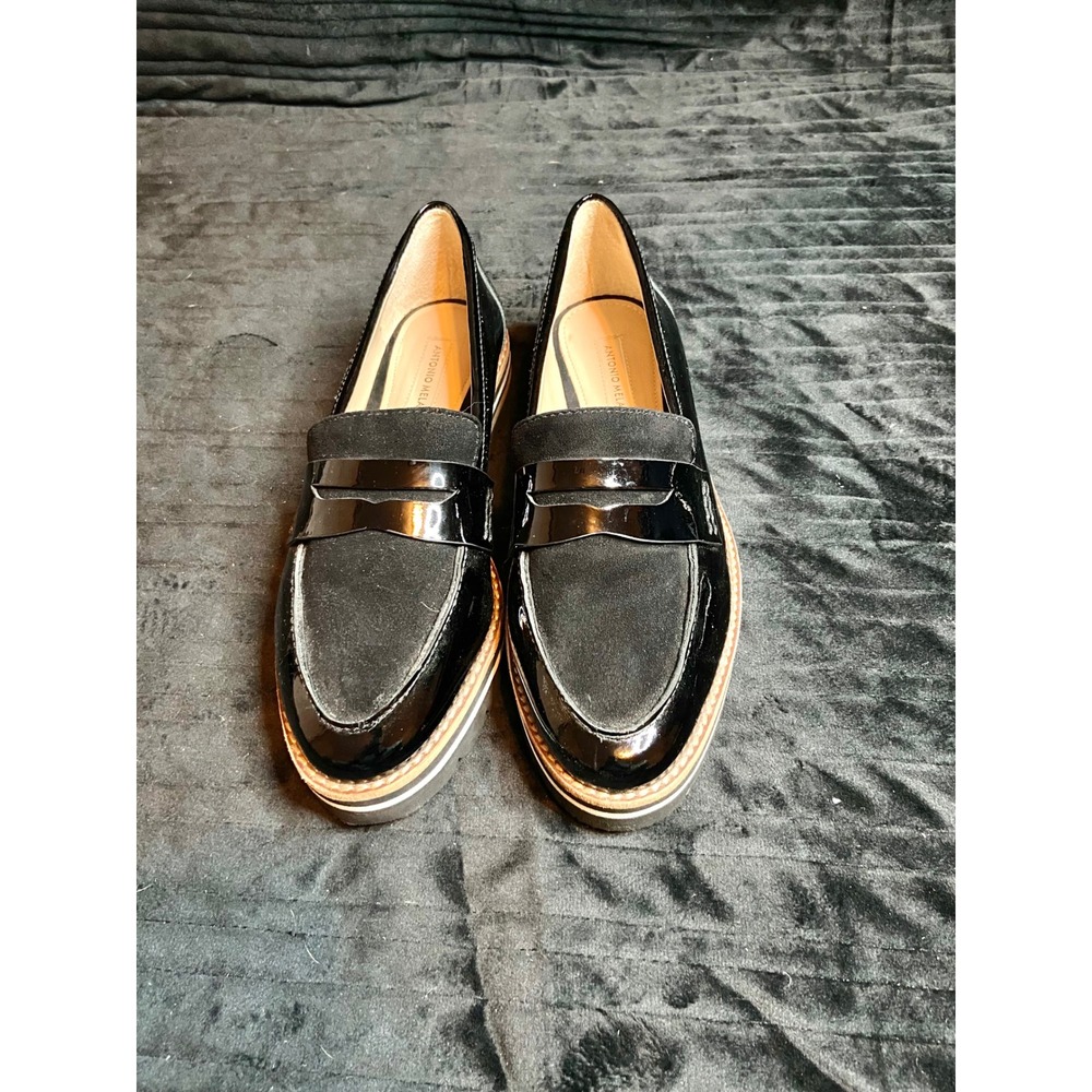 Antonio Melani Bradlie Black Patent Suede Platform Lug Sole Loafers Sz 7